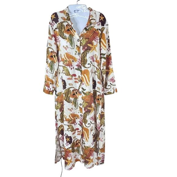 Nach Bijoux Earth Hand Painted Midi Dress Button Front Linen Blend Women's  Sz S - Picture 2 of 14